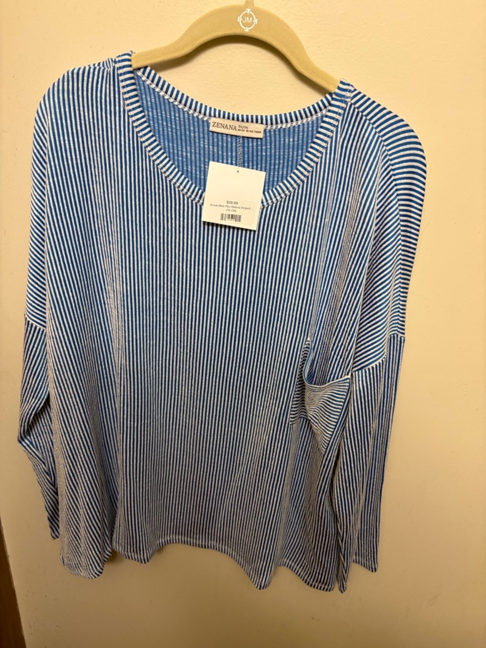 Lightweight blue/white stripe sweater, front pocket, sz 2x/3x NWOT